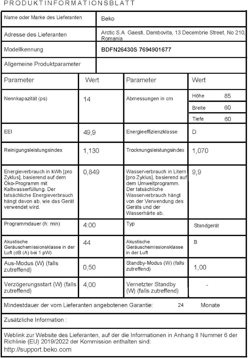 Beko BDFN26420W b300 freistehender Geschirrspüler, unterbaufhig, Platz für 14 Magedecke, Pro Inverter Motor, TrayWash, HygieneIntense, 6 Programme, WaterSafe+, Wei