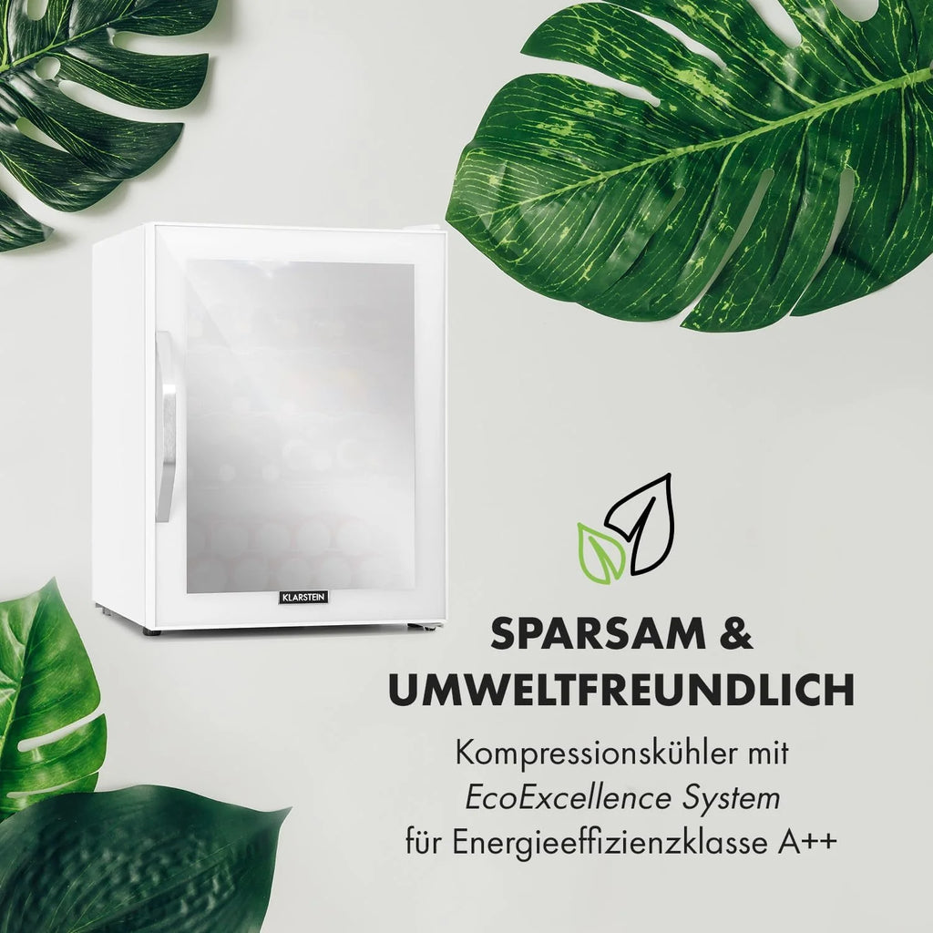 Klarstein Mini Kühlschrank mit Glastür für Zimmer, Getrnkekühlschrank mit Verstellbaren Ablagen, Kleiner 80 Liter, Indoor/Outdoor Kühlschrank Leise