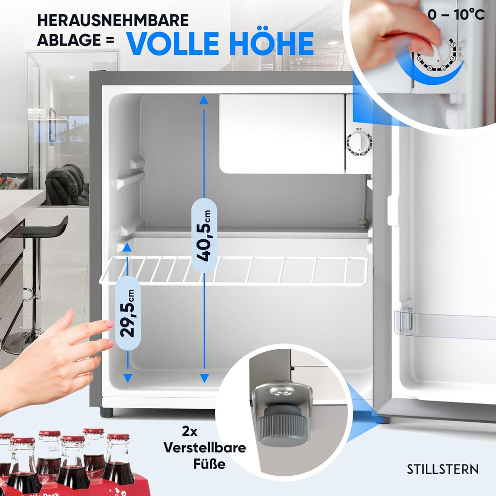 Stillstern Mini Kühlschrank E 45L mit Abtauautomatik, Schloss, Frostfach, Leise, Ideal für Küche, Büro, Schlafzimmer, Hotels und kleine Wohnungen Kühlschrank klein Minibar Getränkekühlschrank