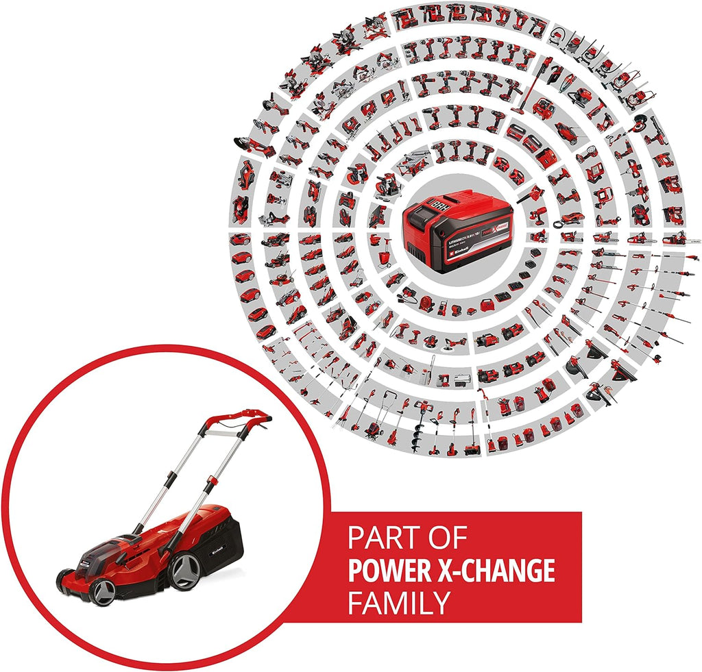 Einhell Akku-Rasenmher RASARRO 36/38 Kit Power X-Change (36 V, 38 cm Schnittbreite, 450 m, Brushless, Mulchfunktion, 45L Fangkorb, inkl. 2x 4,0 Ah Akkus + Twincharger)