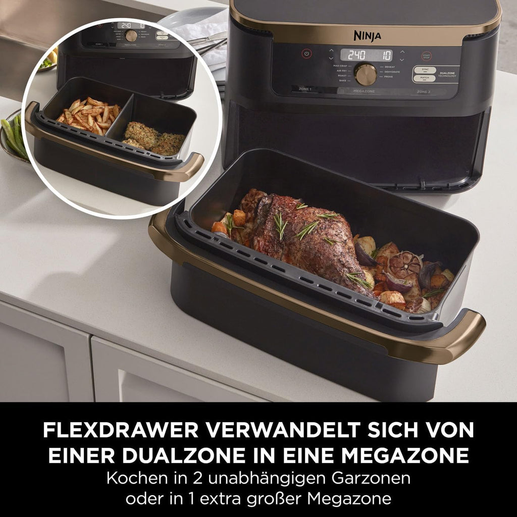 Ninja Heißluftfritteuse MAX PRO, 6,2 L, ölfrei, große Schublade, Rösten, Backen, Air Fry, Antihaftbeschichtet, Spülmaschinenfester Korb & Crisper Gittereinsatz, Silikonzange, Schwarz/Kupfer, AF180EUCP