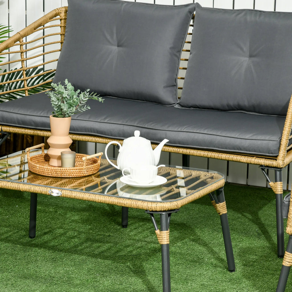Outsunny Polyrattan Gartensofa-Set 4-tlg. Boho-Stil Glas-Couchtisch