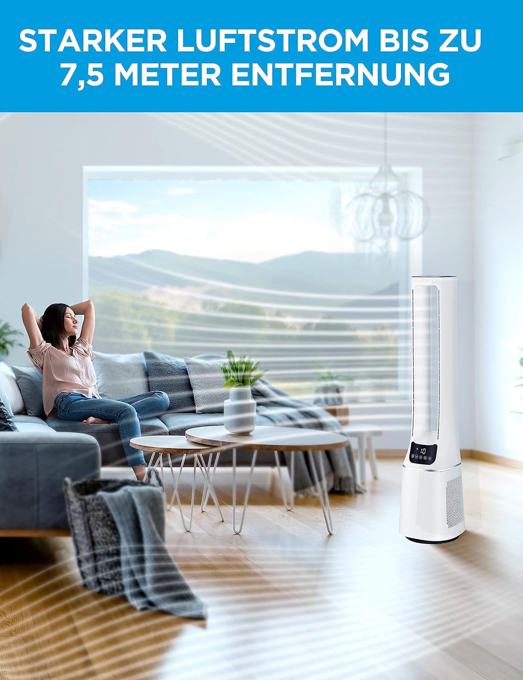 Midea MFP-120i (BL) 2 in 1 Turmventilator Leise 38dB Luftreiniger H13 True HEPA auf 47.6 ㎡ LED Display Fernbedienung Oszillation 12H Timer Kompatibel für Wireless Connection App Alexa Google