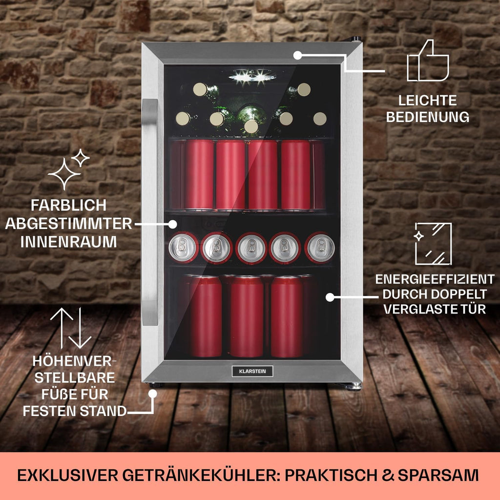 Klarstein Kühlschrank 70L, Kleiner Kühlschrank mit Herausnehmbaren Ablagen, Leiser Mini Kühlschrank mit Glastür & LED, Getränkekühlschrank Klein, Outdoor Geeignet, Biersafe für Flaschen, 0-10°C