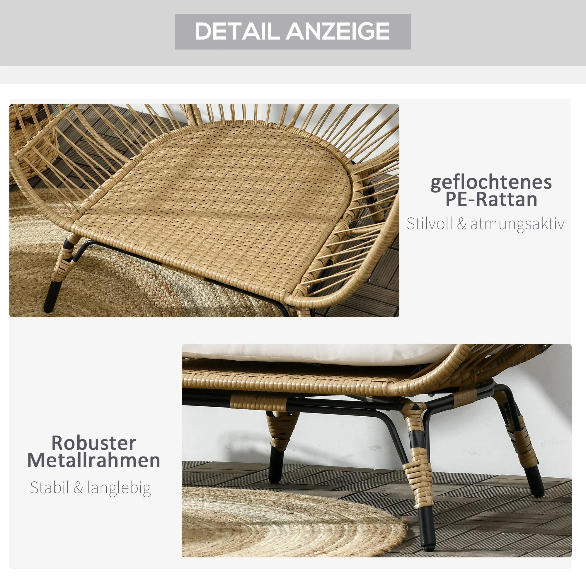 Outsunny Rattansessel Korbform mit dicken Kissen verstellbare Füße