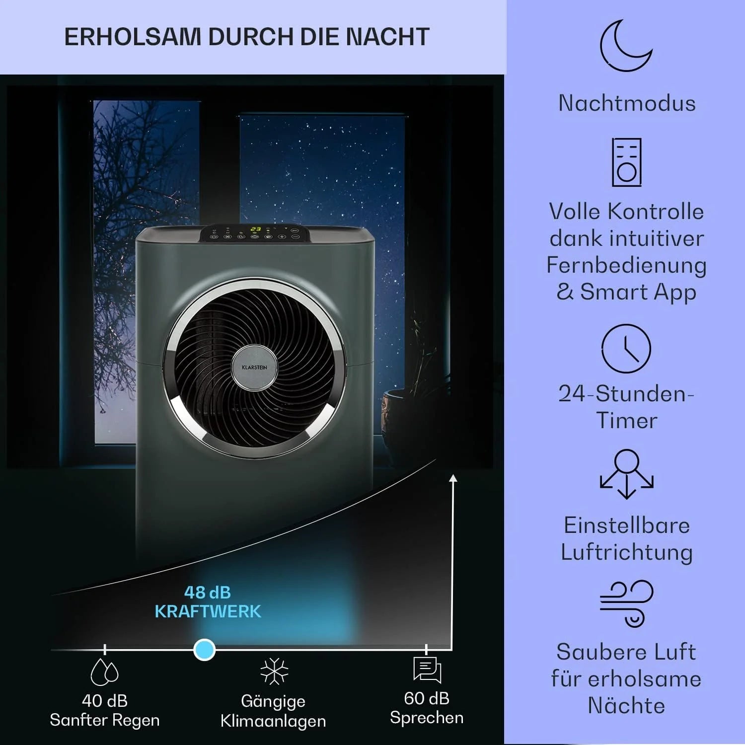 Klarstein Mobile Klimaanlage mit Abluftschlauch, 5-in-1 Klimagerät, Ventilator, Luftentfeuchter, Luftreiniger & Nachtmodus, App-Steuerung, Kleine & Portable, für Wohnung & Büro, 12000 BTU