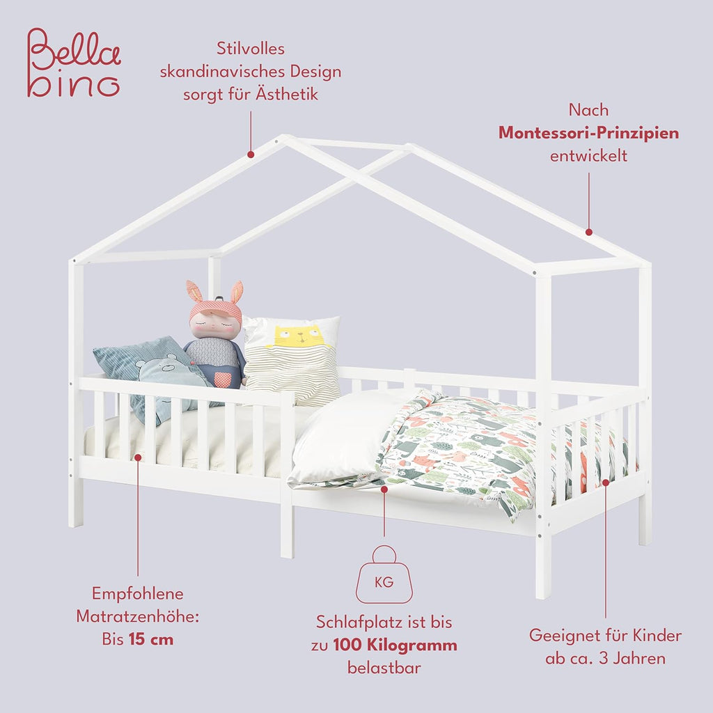 Bellabino Kinderbett Bia 140x200 cm, Hausbett Kinder inkl. Rausfallschutz und Rolllattenrost, Montessori Bodenbett weiß aus Massivholz Kiefer