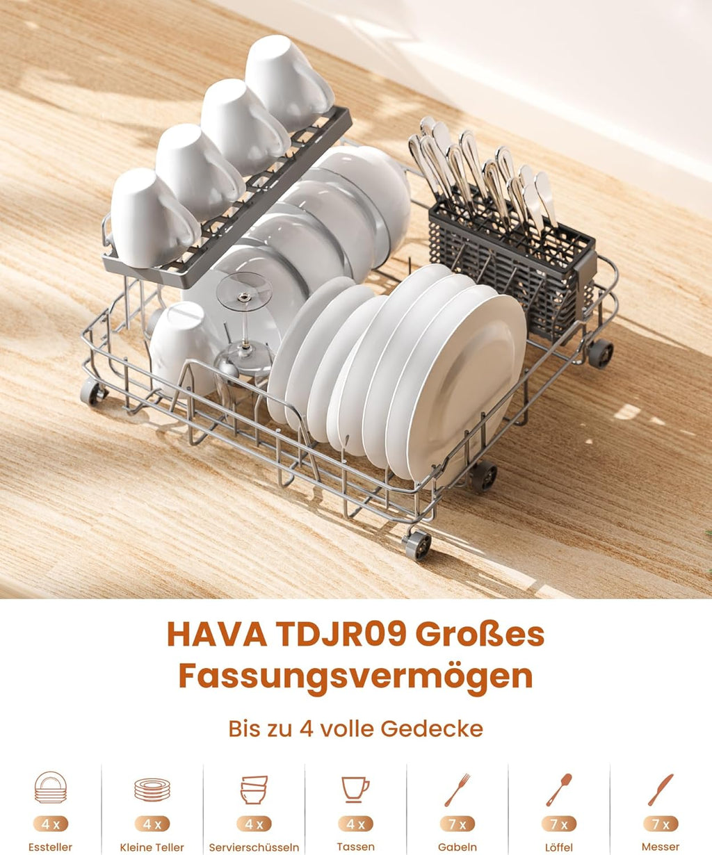 HAVA 2025 NEUE Tischgeschirrspüler mit Wasserenthärter und erhöhter Energieeffizienz, Spülmaschine mit 8 Programmen, Kindersicherung & verzögerter Start, keine Installation erforderlich
