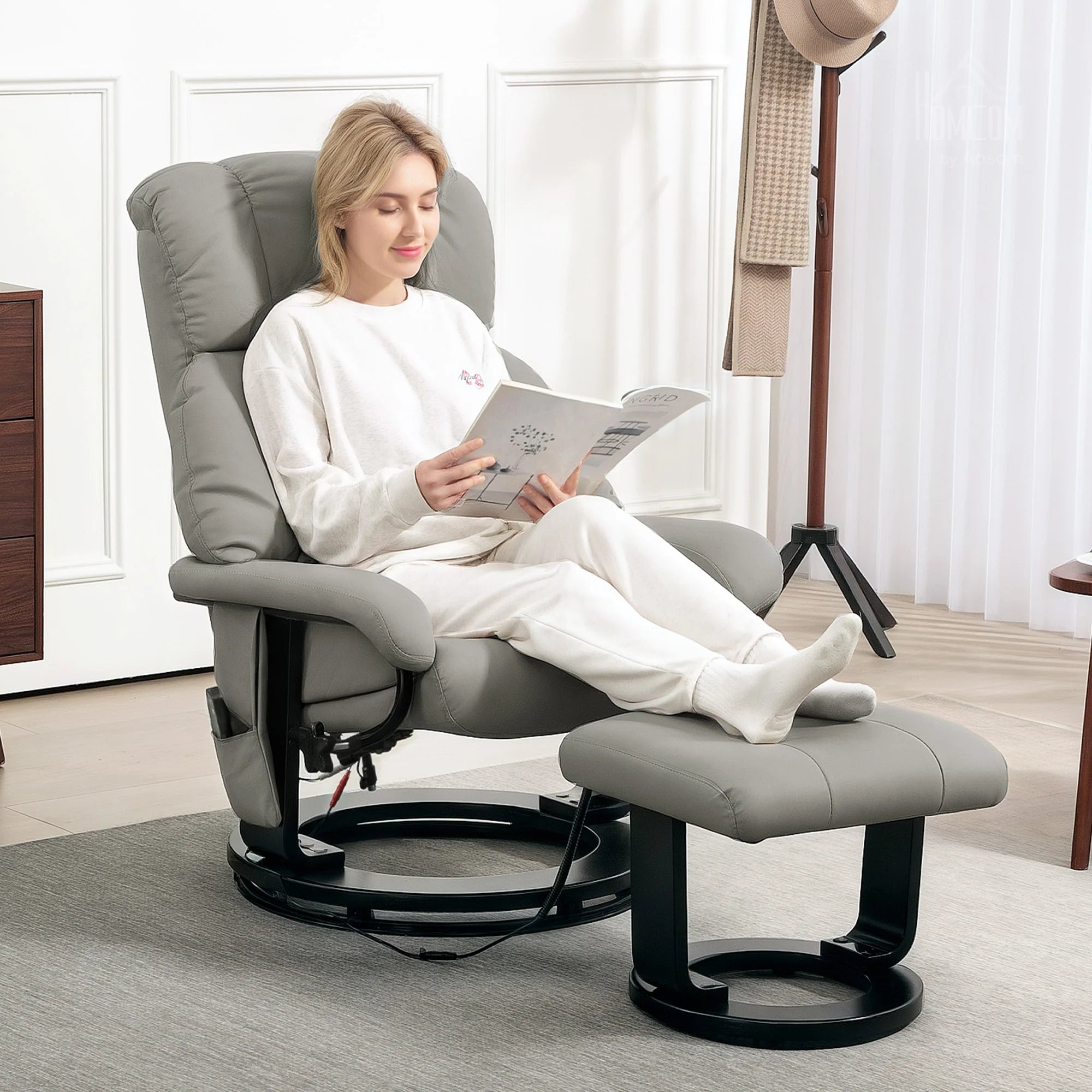 HOMCOM Relaxsessel Grau mit Massage, Liegefunktion & Fußhocker, Kunstleder