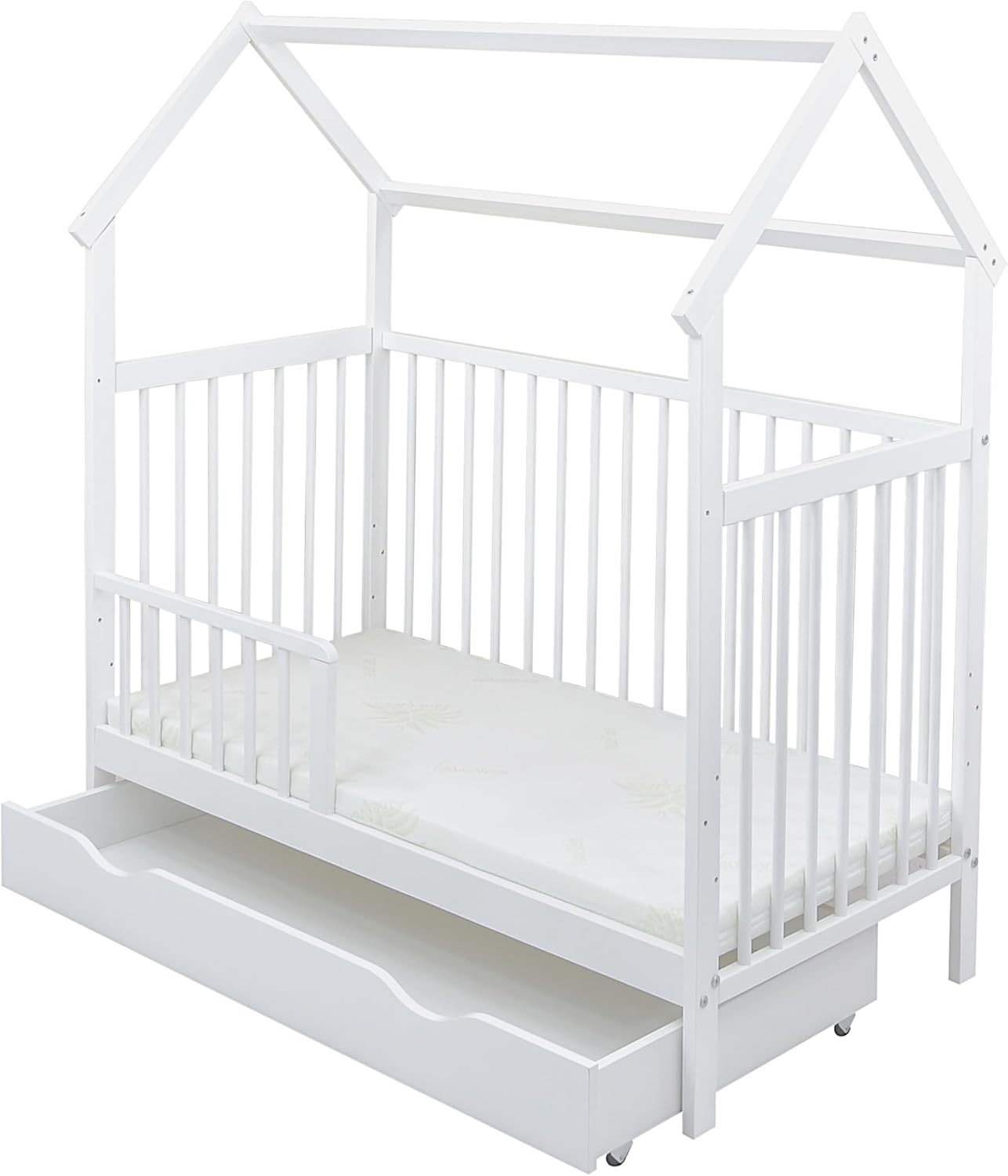 Baby Delux Babybett Komplett Set Hausbett 60x120 cm weiß Schublade Rausfallschutz Kinderbett Matratze Bettwäsche Deko Set (Prince Stars)
