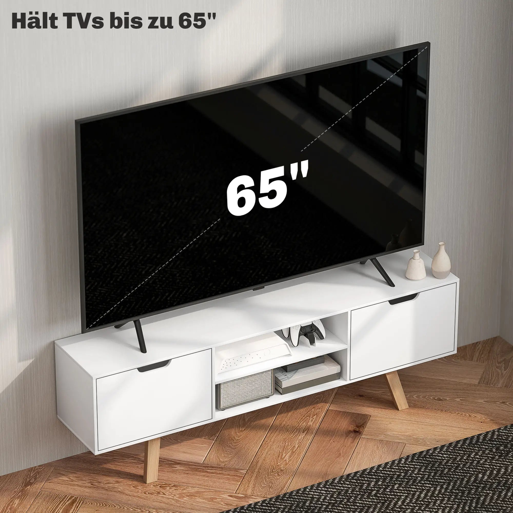 HOMCOM TV Lowboard 65 Zoll mit Kabelführung und 2 Schränken Weiß