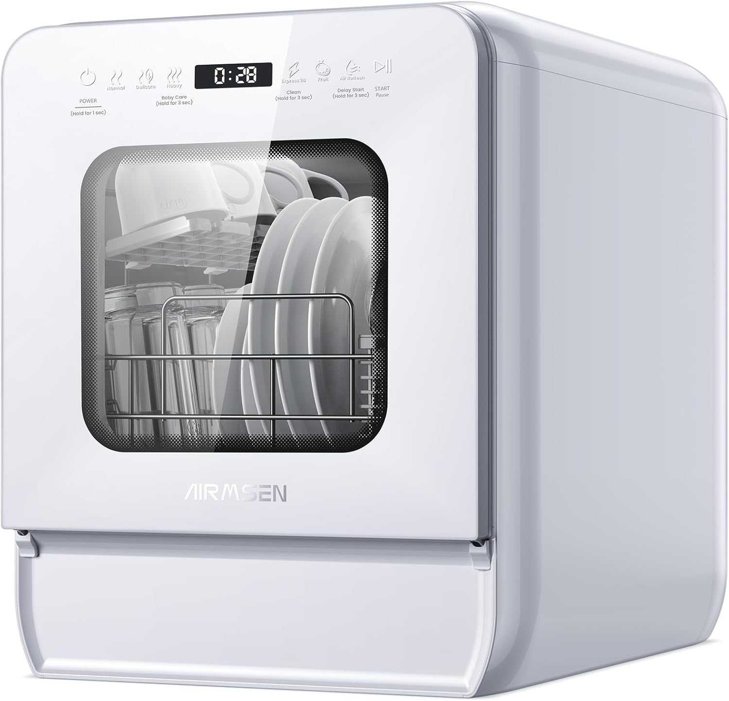 AIRMSEN Tischgeschirrspüler Mini Geschirrspüler mit wassertank klarspüler spülmaschine mit 9 Programme 37 * 50cm Ultra-Schmal & Tief, 1-24H Timer, 360° Doppelspray Schlauch-/Schlauchlos Weiß (Weiß)