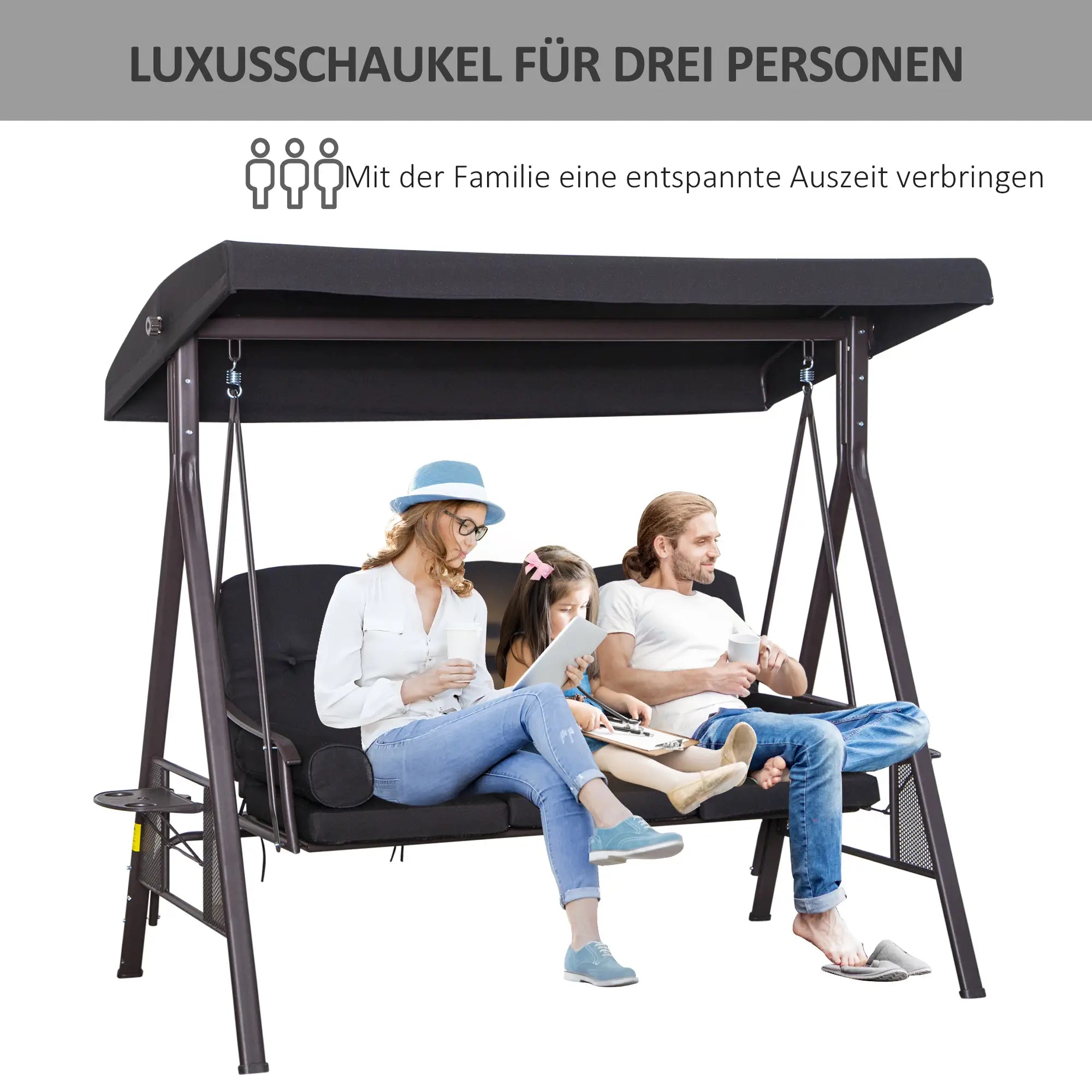 Outsunny 3-Sitzer Hollywoodschaukel mit Sonnendach & Kissen – Schwarz