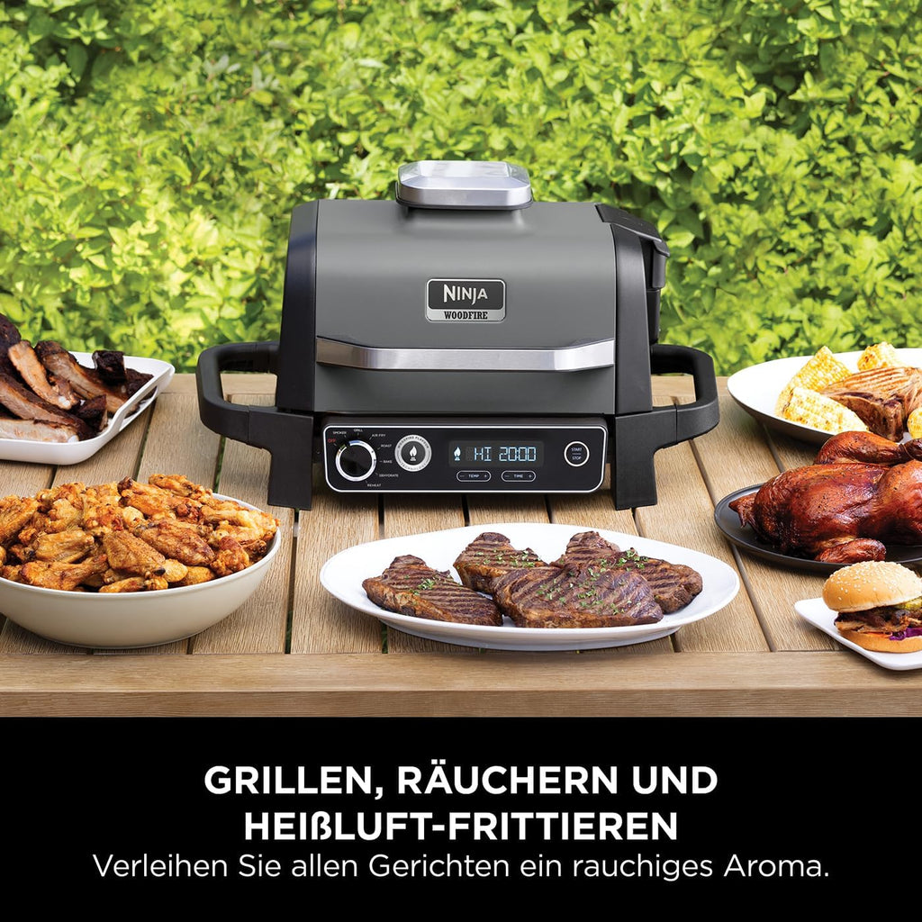 Ninja Woodfire Electric BBQ Grill & Smoker & Air Fryer, 7-in-1 Outdoor BBQ Grill, Air Fry, Smoke, Roast, Bake and more, Weather Resistant, Non-Stick, Portable, Electric, Grey/Black OG701EU