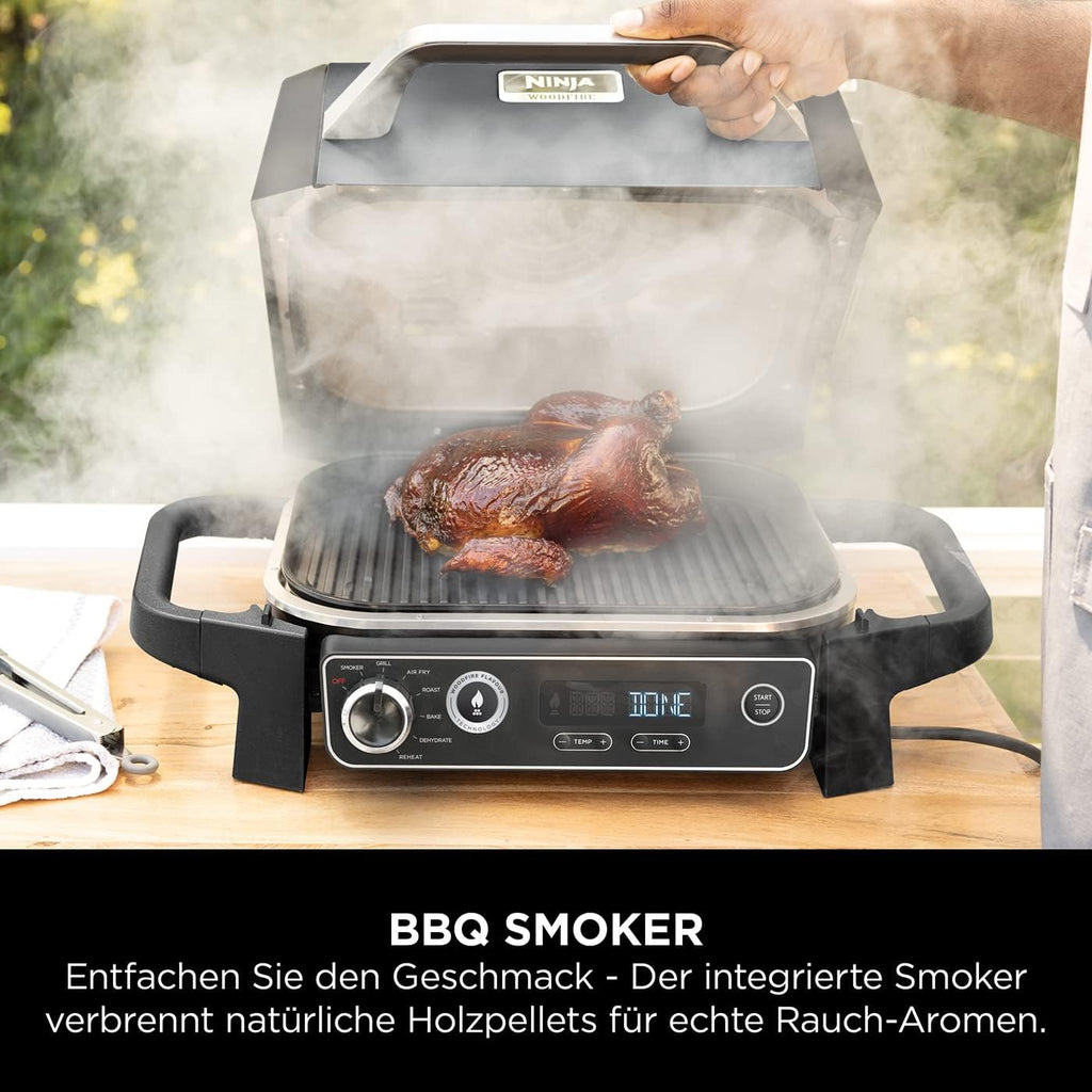 Ninja Woodfire Electric BBQ Grill & Smoker & Air Fryer, 7-in-1 Outdoor BBQ Grill, Air Fry, Smoke, Roast, Bake and more, Weather Resistant, Non-Stick, Portable, Electric, Grey/Black OG701EU
