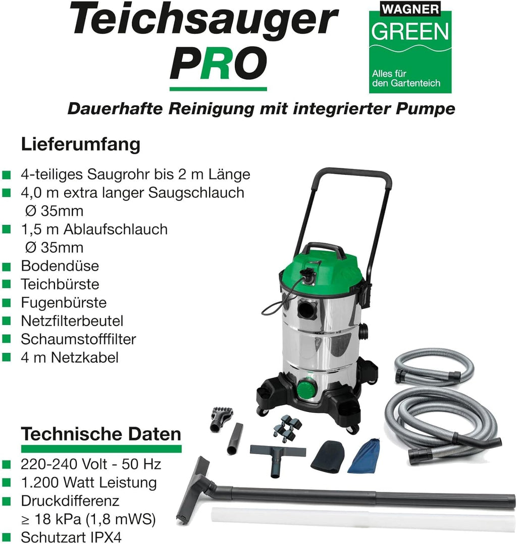 Wagner Green Teichsauger PRO VA | Non-Stop saugen | komplett Teichschlammsauger für die Reinigung für Gartenteich Schwimmteich Fischteich Pool und Haus