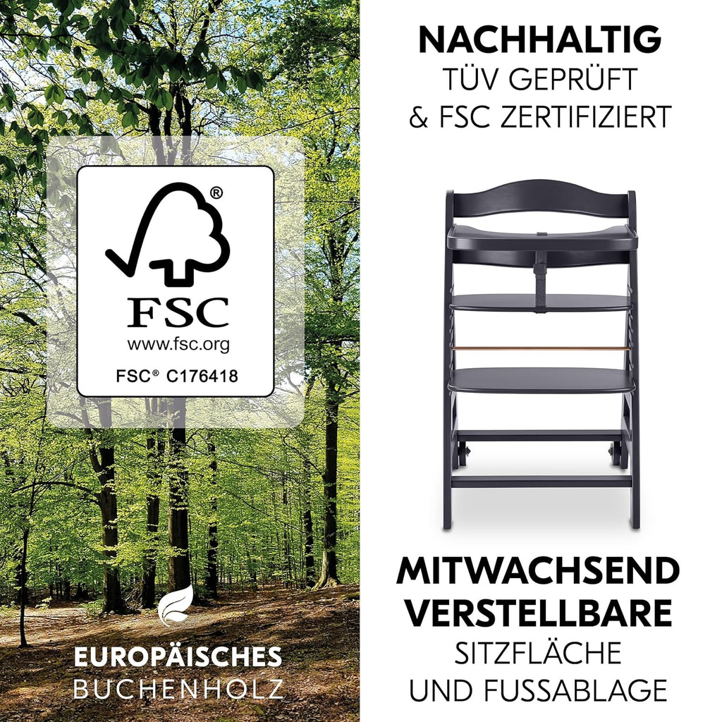 hauck Hochstuhl Beta+ Newborn Set Premium Dark Grey - Babyhochstuhl Set ab Geburt mit Neugeborenen Aufsatz Bouncer, Sitzpolster und Essbrett - Dark Grey