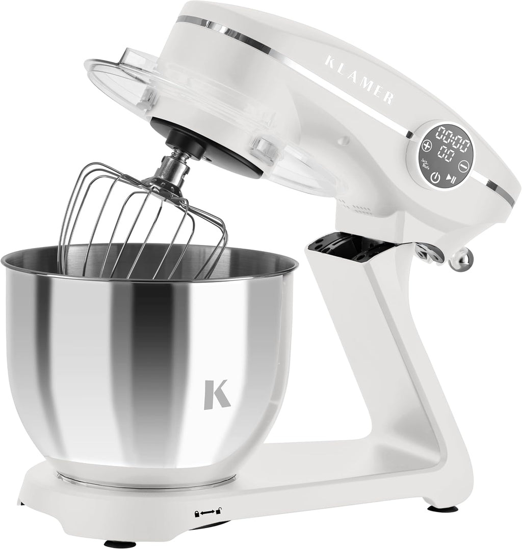 KLAMER Küchenmaschine 1800W, Knetmaschine mit 6 Liter Edelstahl Schüssel, 10 Geschwindigkeitsstufen mit Timer, Rührbesen, Knethaken, Schneebesen und Spritzschutz
