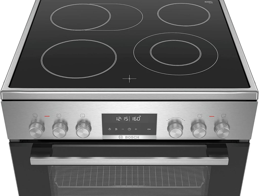 Bosch HKR39C250 Serie 4 Elektro-Standherd, 60 cm breit, EcoClean Direct Reinigungshilfe, 3D Heißluft Backen auf 3 Ebenen, LED-Display-Steuerung, erweiterbare Kochzone für großes Kochgeschirr