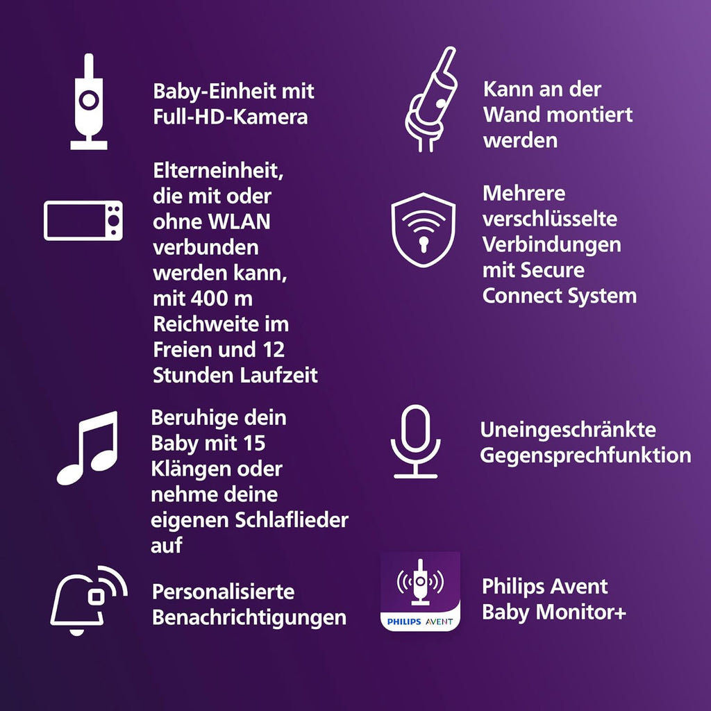 PHILIPS Avent Connected Videophone mit WLAN, hochwertiger HD-Kamera, Infrarot-Nachtsichtfunktion, Schrei-Erkennung, Gegensprechfunktion, 12 Stunden Bildschirmlaufzeit im Eco-Modus, Modell SCD951/26