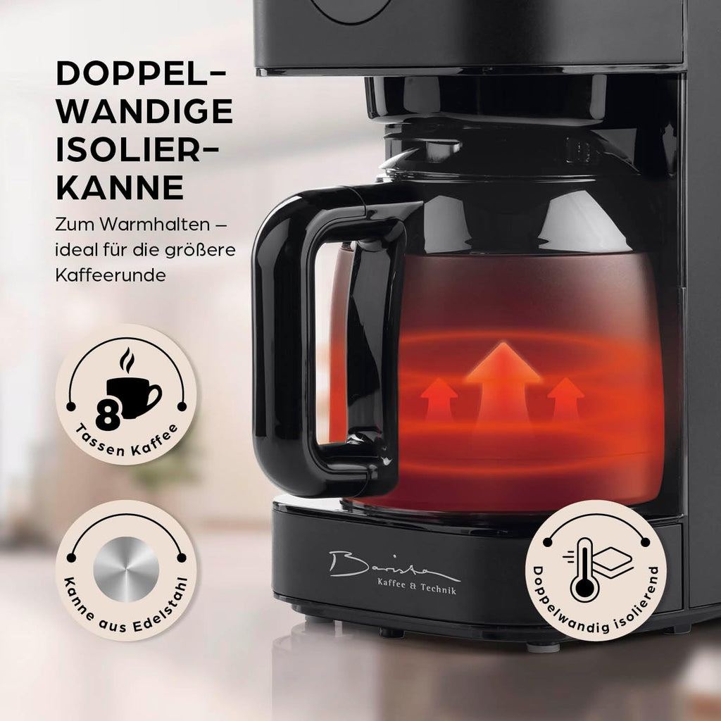 Barista Filterkaffeemaschine mit verstellbarem Mahlwerk & Thermokanne | Warmhaltefunktion, 24h Timer & Permanentfilter | Für 10 Tassen Kaffee | Kaffeemaschine für Bohnen & Pulver [Edelstahl]