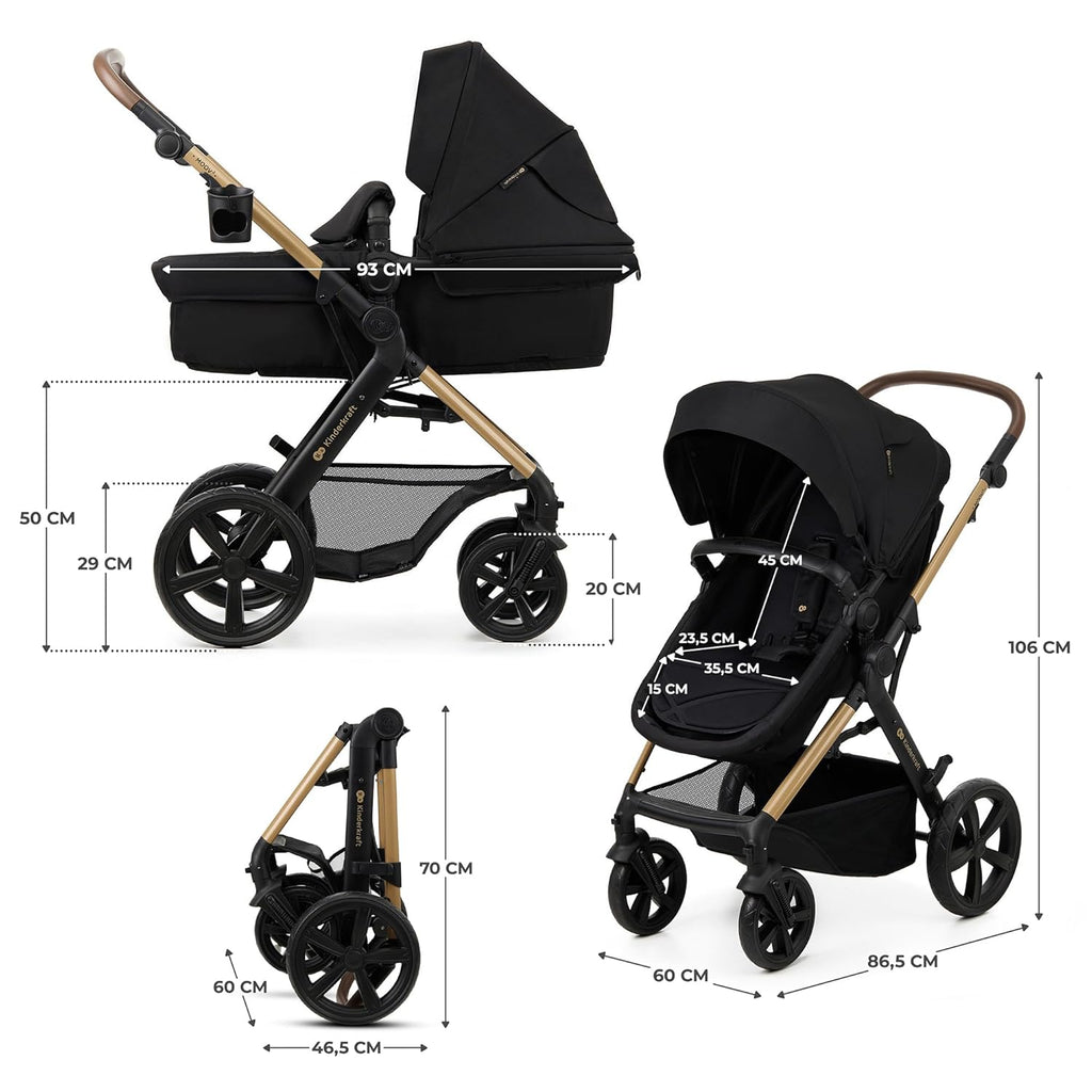 Kinderkraft MOOV2 AIR Kinderwagen 3 in 1 Kinderwagenset bis 26 kg mit Kindersitz I-SIZE 40-75 cm, Buggy Funktion, Liegeposition verstellbar, Große ausziehbare Verdeck, Aufblasbare Räder, Schwarz