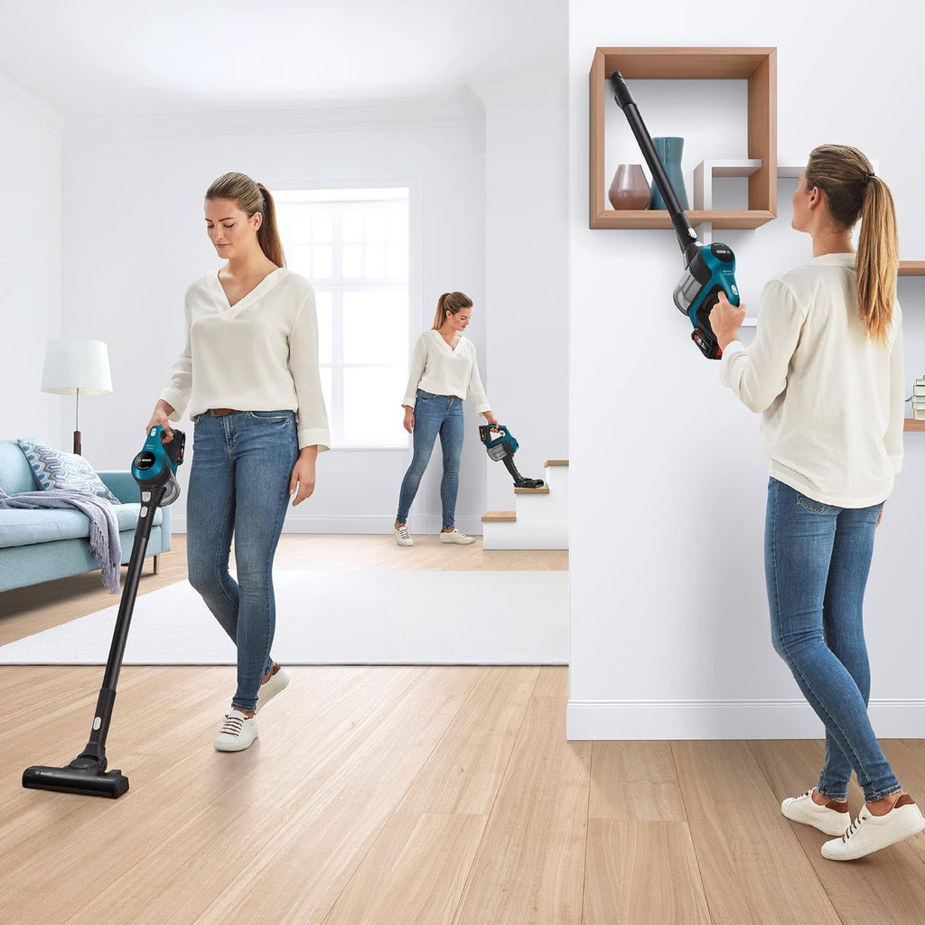 Bosch Akku-Staubsauger Unlimited Serie 6 BKS6111P, kabelloser Handstaubsauger, beutellos, leicht, Hygiene-Filter, hohe Saugleistung, Lange Laufzeit, Fugendüse, alle Bodenarten, blau