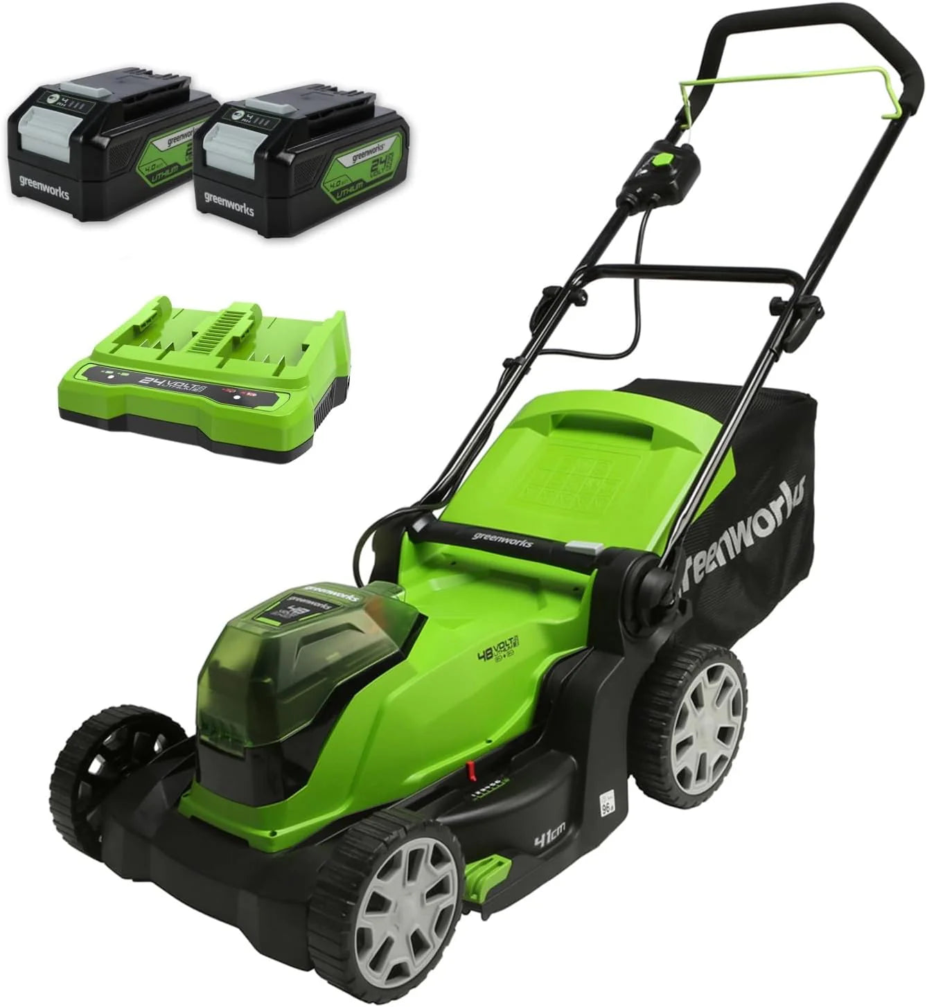 Greenworks 48V (2x24V) Selbstfahrender Akku Rasenmher für groe Flchen bis zu 480m, 46cm Schnittbreite, 55L Sack PLUS zwei 4Ah-Akkus und Doppelladegert GD24X2LM46SPK4X