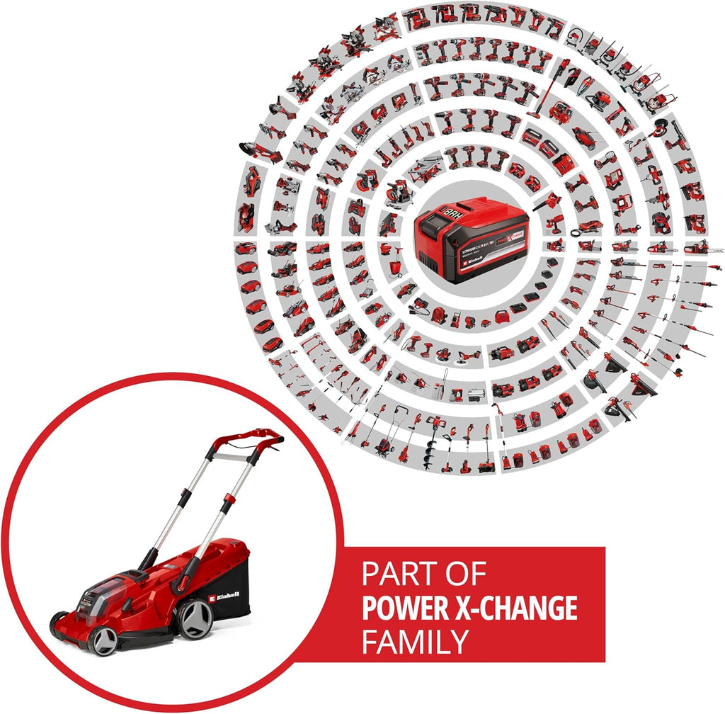 Einhell Akku-Rasenmher RASARRO 36/38 Kit Power X-Change (36 V, 38 cm Schnittbreite, 450 m, Brushless, Mulchfunktion, 45L Fangkorb, inkl. 2x 4,0 Ah Akkus + Twincharger)