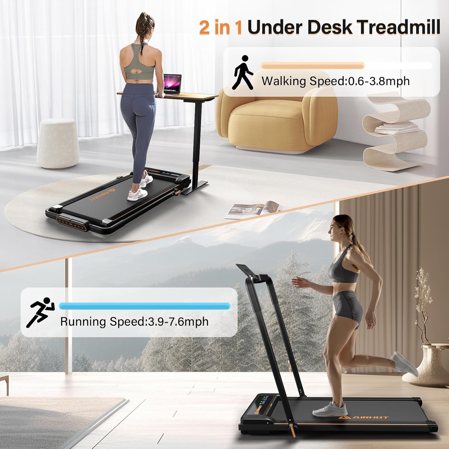 Laufband für Zuhause-AIRHOT, 2,5 PS Walking Pad, Untertisch-Laufband mit Fernbedienung und LED-Anzeige, maximale Geschwindigkeit von 6 km/h BZW. 12 km/h. Kompaktes Laufband für zuhause oder das Büro