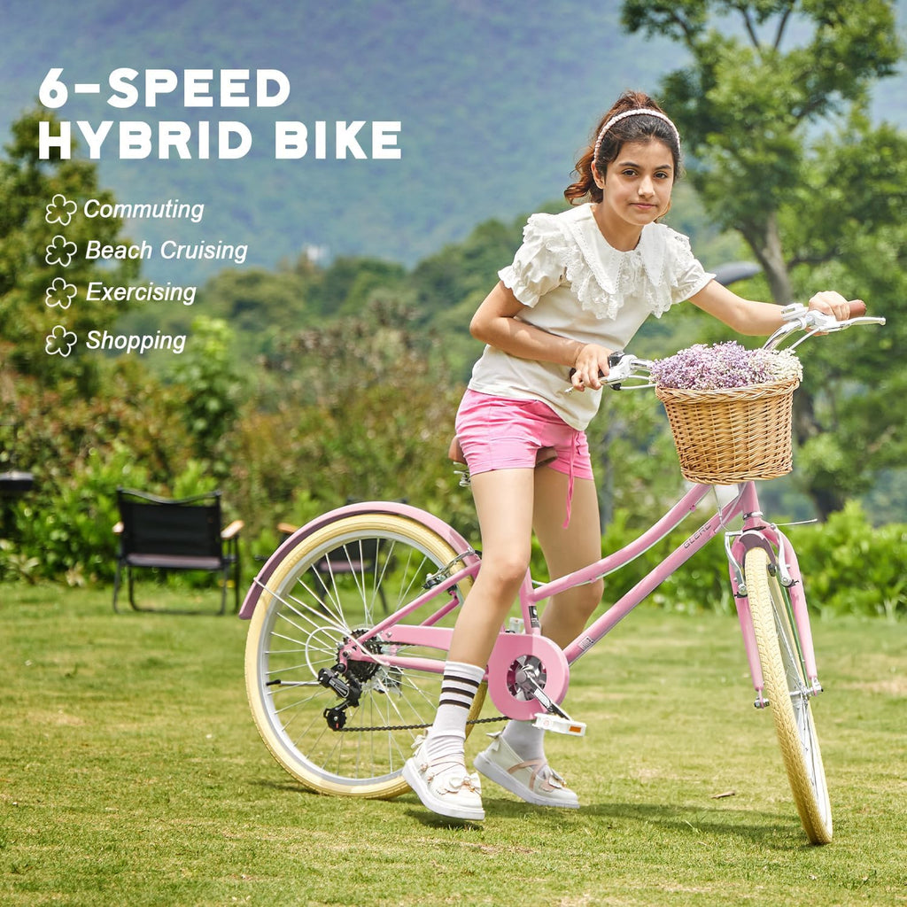 Glerc Missy 20 24 26 Zoll Mädchen City 6-Gang Hybrid Cruiser Fahrrad mit Weidenkorb für Jugend über 6-Jahre alt, mehrere Farben