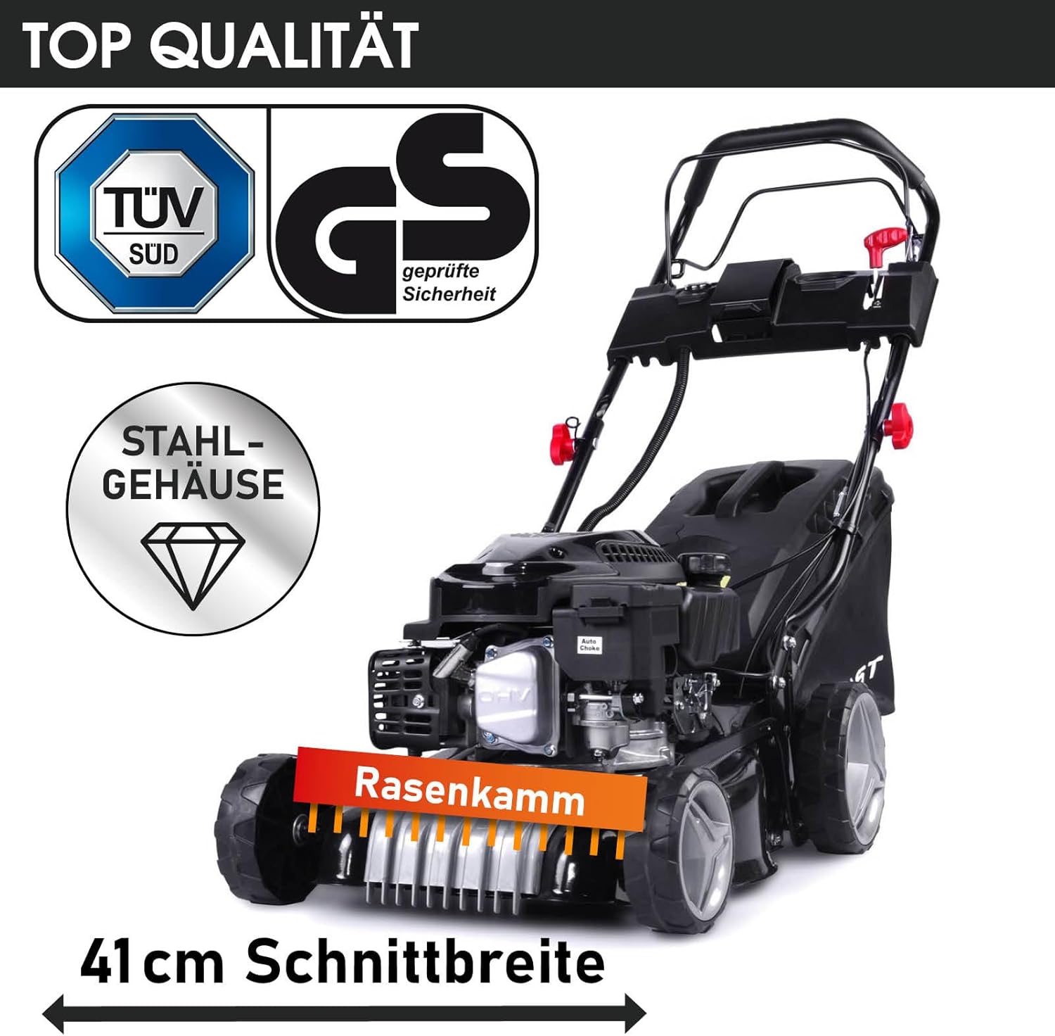 BRAST Benzin Rasenmäher mit Antrieb | 3,0kW (4,1PS) | Elektrostart | 41cm Schnittbreite | viele Modelle | TÜV | 4 Takt OHV Motor | 25-75mm Schnitthöhe | 40L Fangkorb | Stahlgehäuse | 16145 Estart