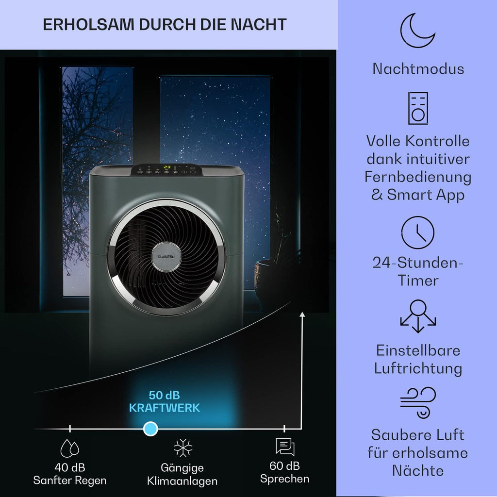 Klarstein Mobile Klimaanlage mit Abluftschlauch, 5-in-1 Klimagerät, Ventilator, Luftentfeuchter, Luftreiniger & Nachtmodus, App-Steuerung, Kleine & Portable, für Wohnung & Büro, 12000 BTU
