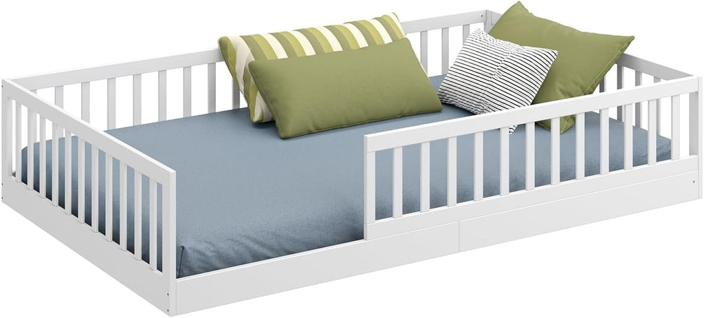 CADANI Timi 2in1 Bodenbett 140x200 cm Montessori Kinderbett mit abnehmbaren Rausfallschutz inkl. Lattenrost, Kiefer Massivholz, weiß - 3 Aufbauvarianten, bis 200 kg belastbar, umbaubar