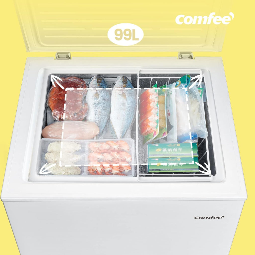 Comfee RCC100WH2(E) Gefriertruhe/169 kWh/Jahr/85cm hoch/99L/38dB/Geringe Lautstärke/Hoch effizientesD-förmigesRohr/Geeignet für verschiedene Einsatzszenarien/Einstellbarer Temperaturregler/Weiß