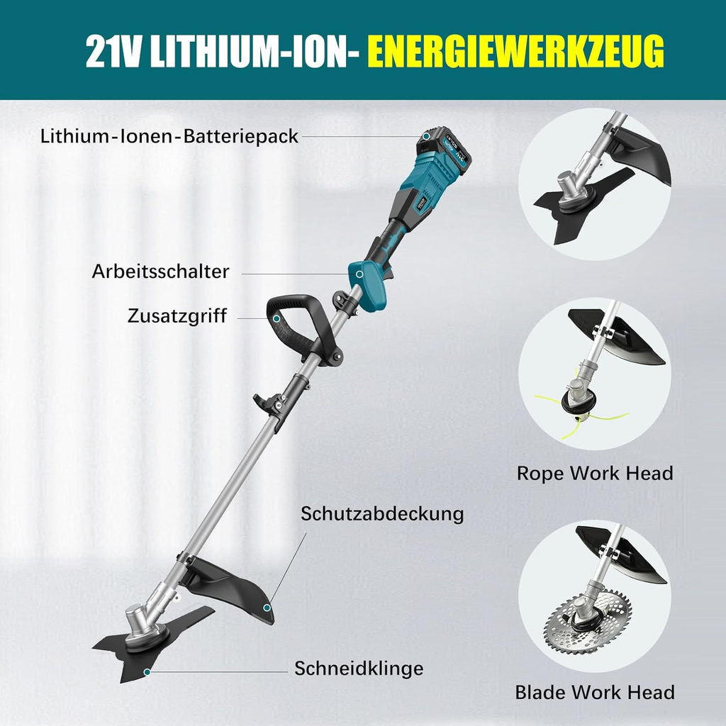 Akku Rasentrimmer mit 2 Akku, 16000mAh/21V 1000W Bürstenloser Akku Freischneider, Schnittdurchmesser 30cm, Multifunktion Rasenkantenschneider Akku für Rasen Garten Beschneiden - E-Edge