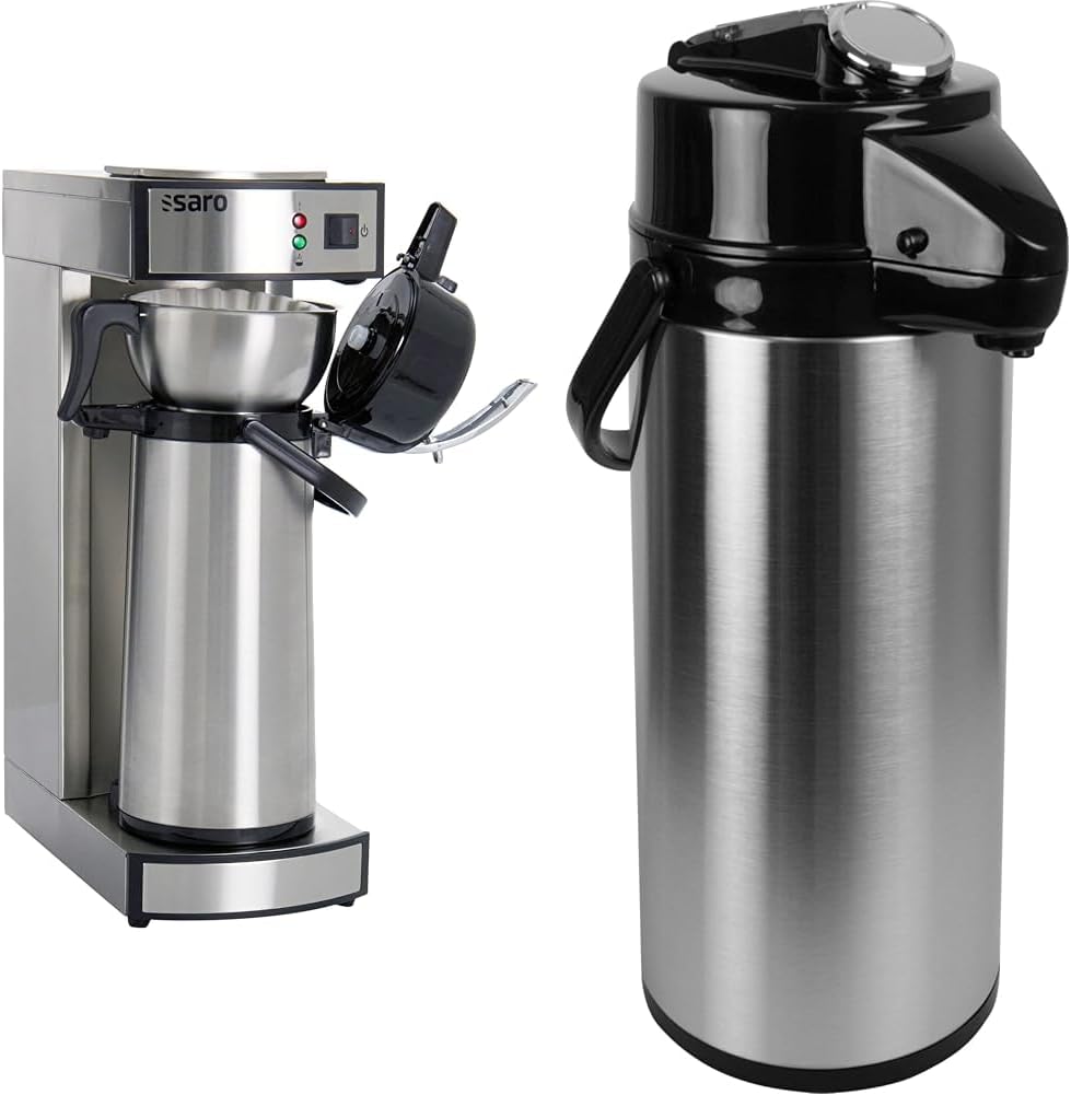 Saro Thermo Kaffeemaschine mit Korbfilter und Thermoskanne Industriekaffeemaschine mit Pumpkanne (2,2 Liter, ca. 10 Tassen Kaffee, Brüh- & Warmhaltefunktion), silber