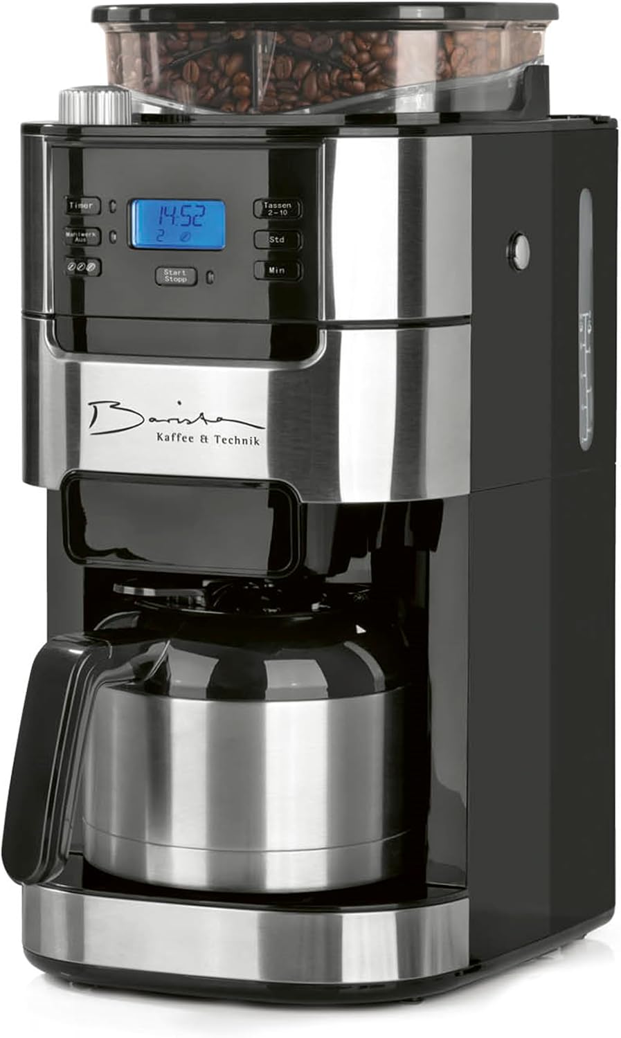 Barista Filterkaffeemaschine mit verstellbarem Mahlwerk & Thermokanne | Warmhaltefunktion, 24h Timer & Permanentfilter | Für 10 Tassen Kaffee | Kaffeemaschine für Bohnen & Pulver [Edelstahl]