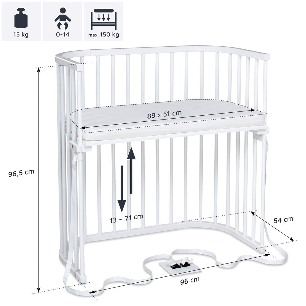 babybay Original Beistellbett aus massivem Buchenholz / kompakt & verwandelbar / Kinderbett Höhe stufenlos verstellbar & umweltfreundlich / mitwachsendes Babybett (weiß lackiert) / inkl. Matratze