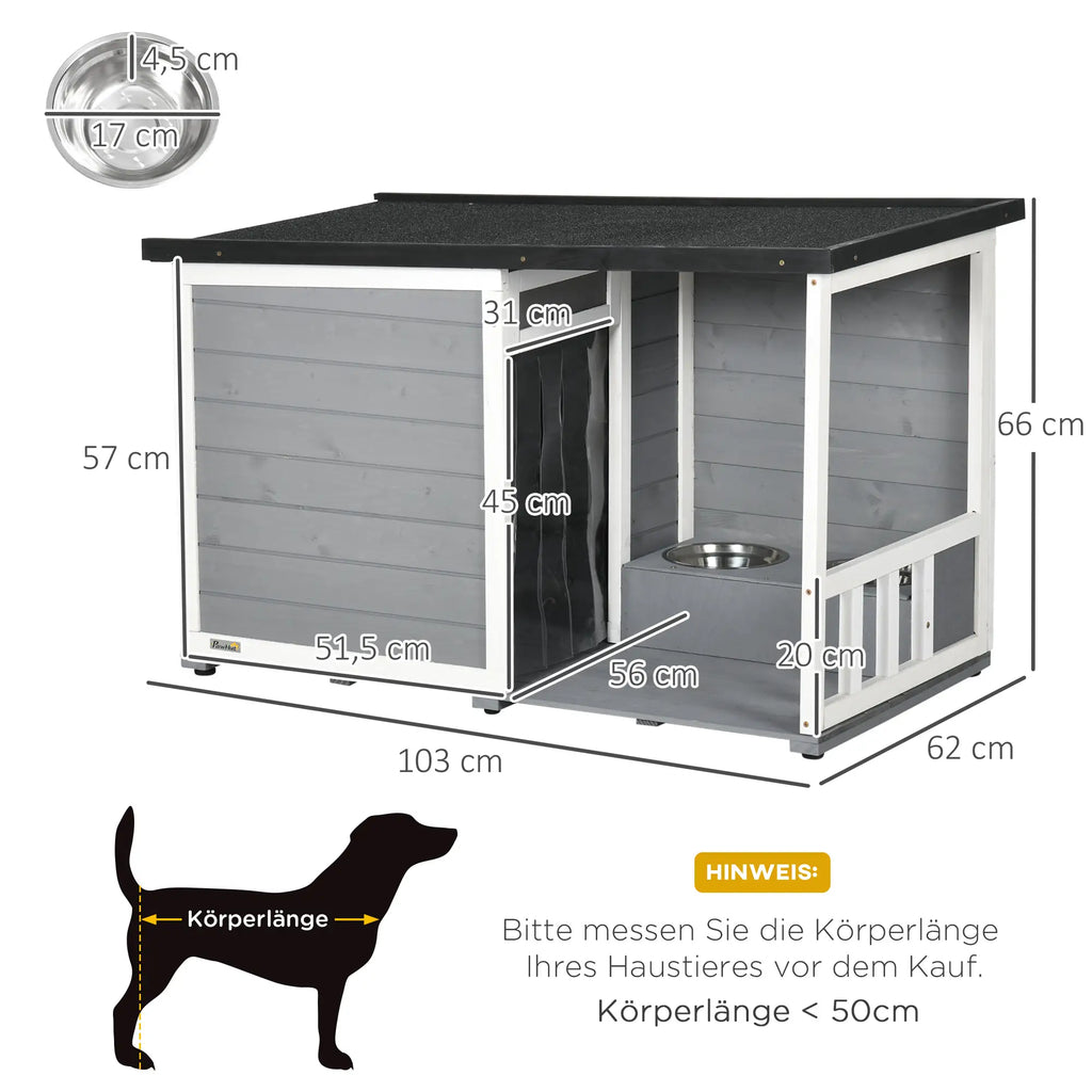 PawHut Hundehütte mit überdachter Veranda und Futternäpfen Outdoor