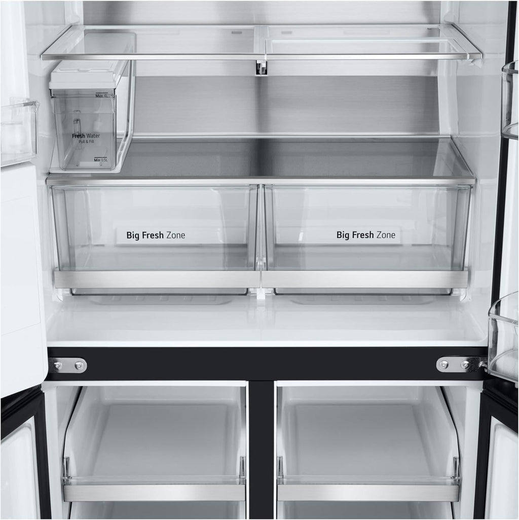 LG GMG861EPAE InstaView SLIM Multi-Door, Klasse E, 508 L, Kühlschrank mit Gefrierfach, Eis-, Crushed Ice- Wasserspender mit UVnano, Total NoFrost, Smart Inverter Kompressor, Wi-Fi, Farbe Matte Black