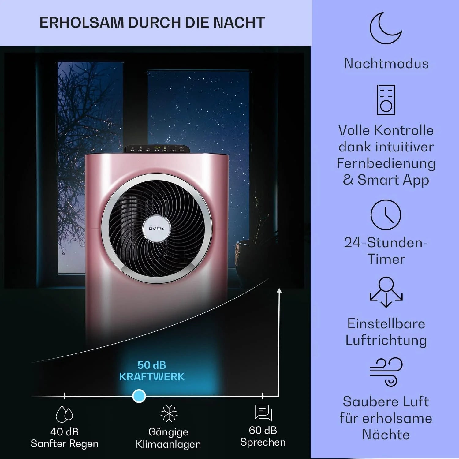 Klarstein Mobile Klimaanlage mit Abluftschlauch, 5-in-1 Klimagerät, Ventilator, Luftentfeuchter, Luftreiniger & Nachtmodus, App-Steuerung, Kleine & Portable, für Wohnung & Büro, 12000 BTU