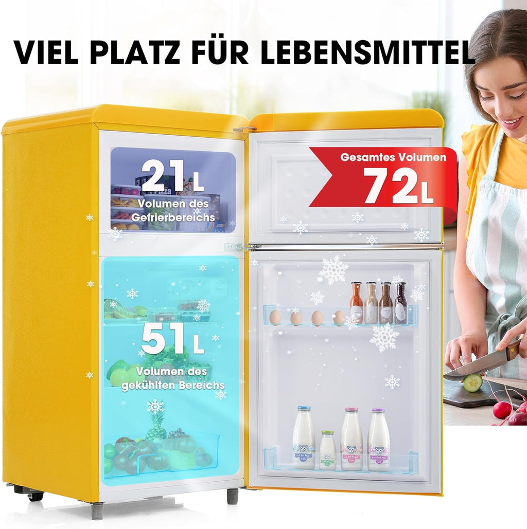 Merax Kühlschrank mit Gefrierfach, Kühl-Gefrierkombination, klein Kühlschrank mit 51L und Gefrierschrank 21L, Leise, LED, Glasablagen, Gemüsefach, Türablagen, für Küche, Wohnzimmer, Büro, Schwarz