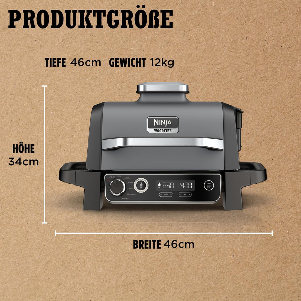 Ninja Woodfire Electric BBQ Grill & Smoker & Air Fryer, 7-in-1 Outdoor BBQ Grill, Air Fry, Smoke, Roast, Bake and more, Weather Resistant, Non-Stick, Portable, Electric, Grey/Black OG701EU