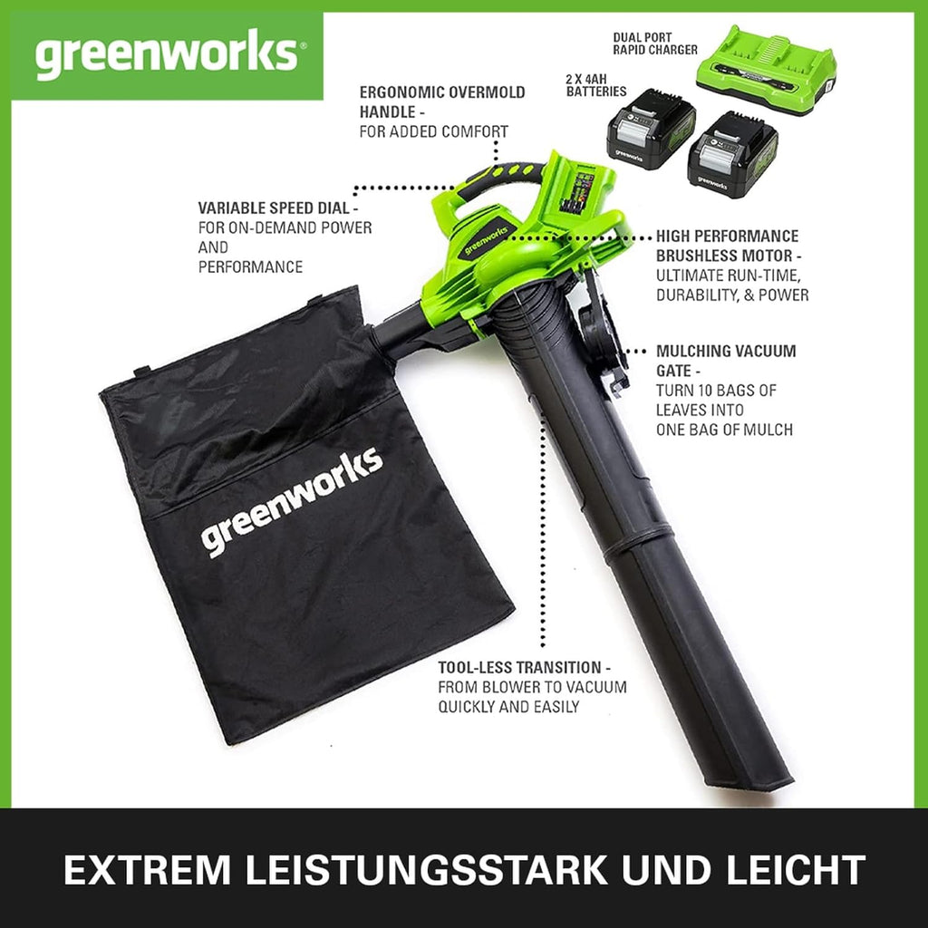 Greenworks 48V(2x24V) Akku Laubsauger / Laubblser mit Schultergurt, bürstenloser Motor, 322 km/h, 9 m/min, 45L Fangsack, zwei 4Ah Batterien & Ladegert, 3 Jahre Garantie GD24X2BVK4X