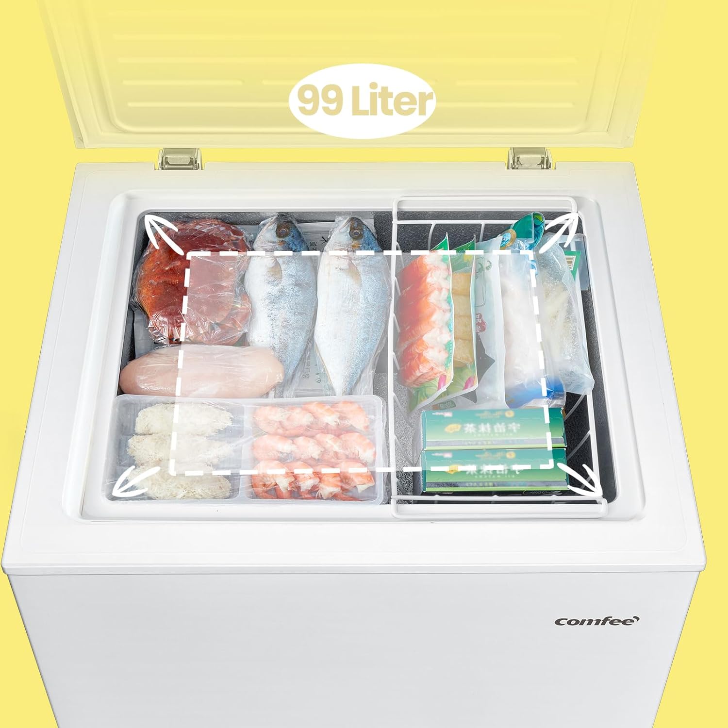Comfee RCC100WH2(E) Gefriertruhe/169 kWh/Jahr/85cm hoch/99L/38dB/Geringe Lautstärke/Hoch effizientesD-förmigesRohr/Geeignet für verschiedene Einsatzszenarien/Einstellbarer Temperaturregler/Weiß