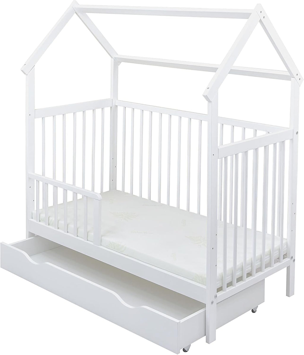 Baby Delux Babybett Komplett Set Hausbett 60x120 cm weiß Schublade Rausfallschutz Kinderbett Matratze Bettwäsche Deko Set (Prince Stars)
