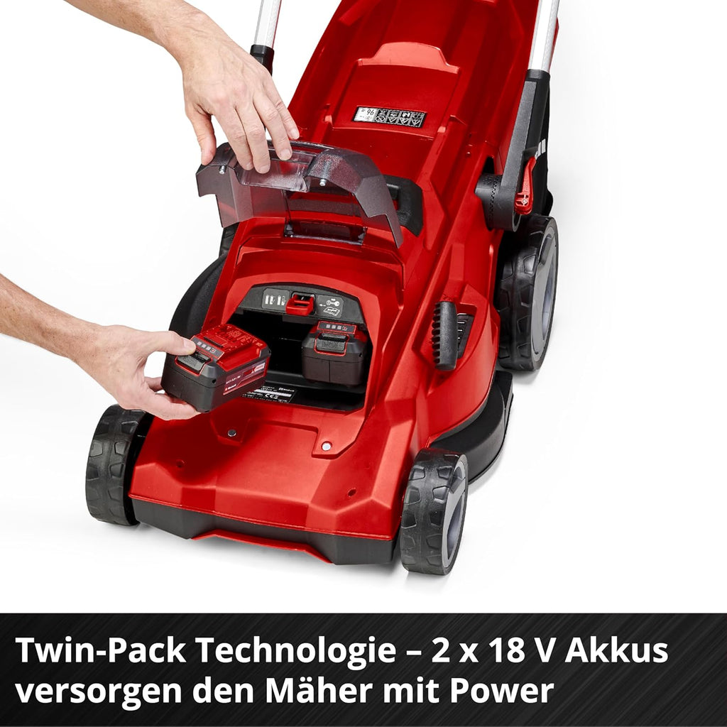 Einhell Akku-Rasenmher RASARRO 36/38 Kit Power X-Change (36 V, 38 cm Schnittbreite, 450 m, Brushless, Mulchfunktion, 45L Fangkorb, inkl. 2x 4,0 Ah Akkus + Twincharger)
