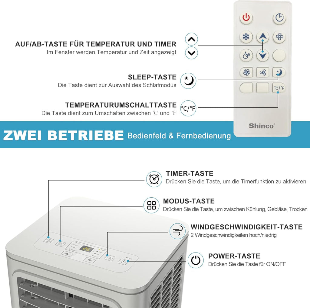 SHINCO Mobile Klimaanlage mit Abluftschlauch, 3-in-1Klimaanlage mit Luftentfeuchter&Ventilator, 7000BTU, 2,05 kW, Mobiles Klimagert mit Schlafmodus, Timer und Montagematerial, Rume bis 54m