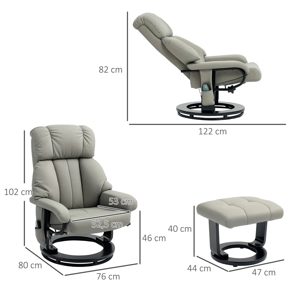 HOMCOM Relaxsessel Grau mit Massage, Liegefunktion & Fußhocker, Kunstleder